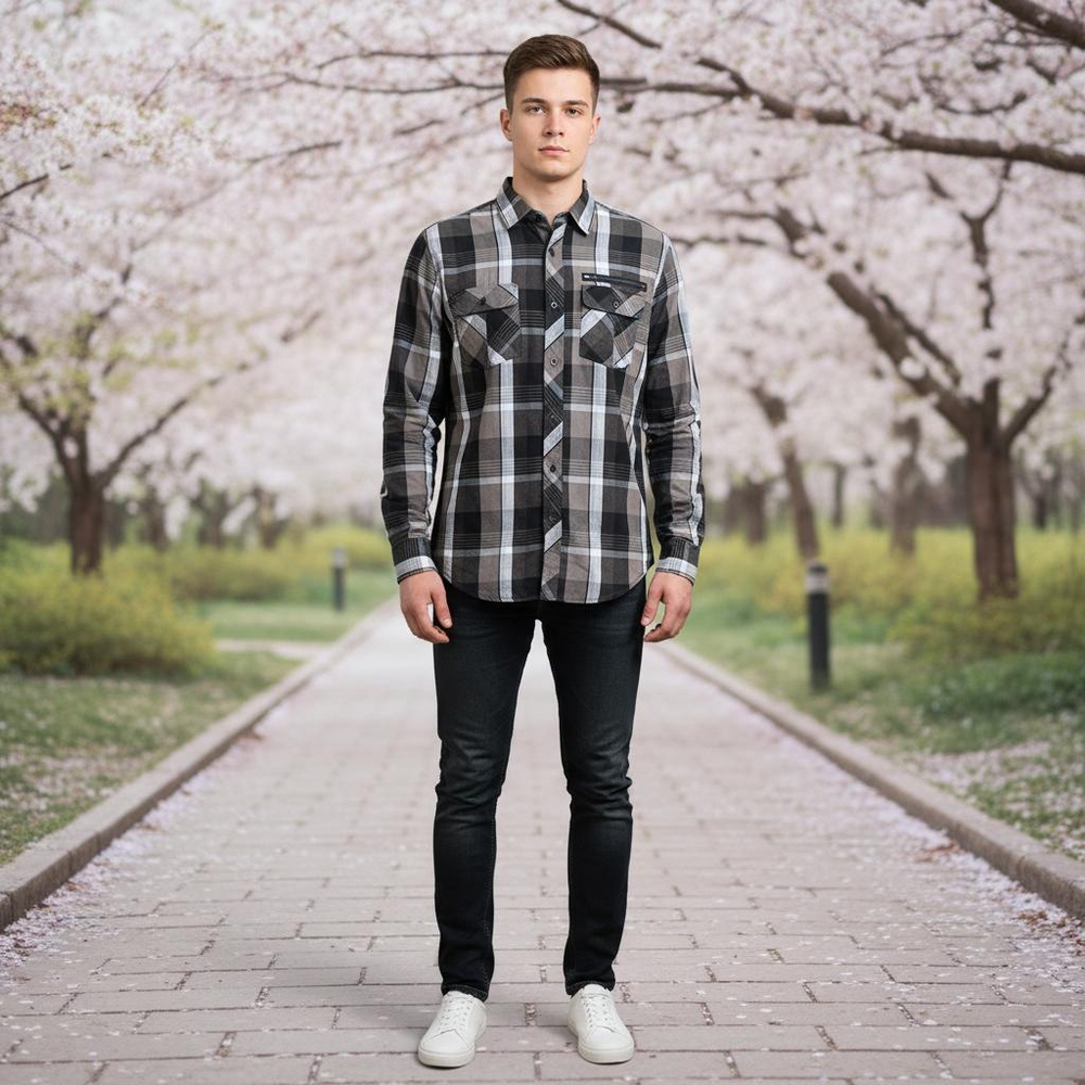 Men's Eighty Eight Platinum Casual Button Down Shirt M Black Gray Plaid